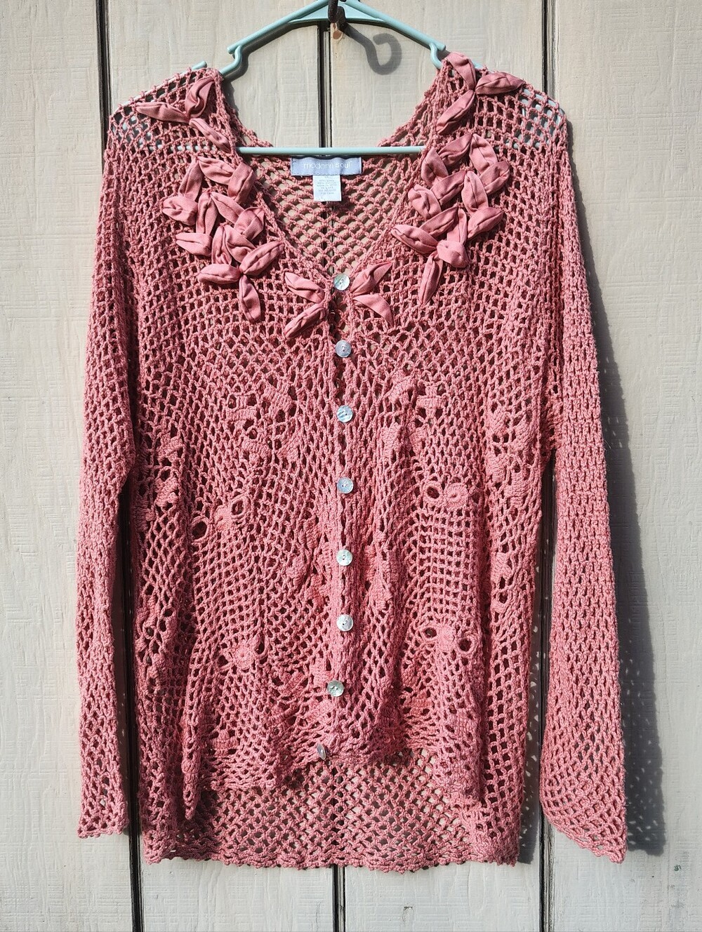 Modern Soul Crochet Linen Blend Cardigan Dusty Pink Ribbon-Trim Button Up Boho